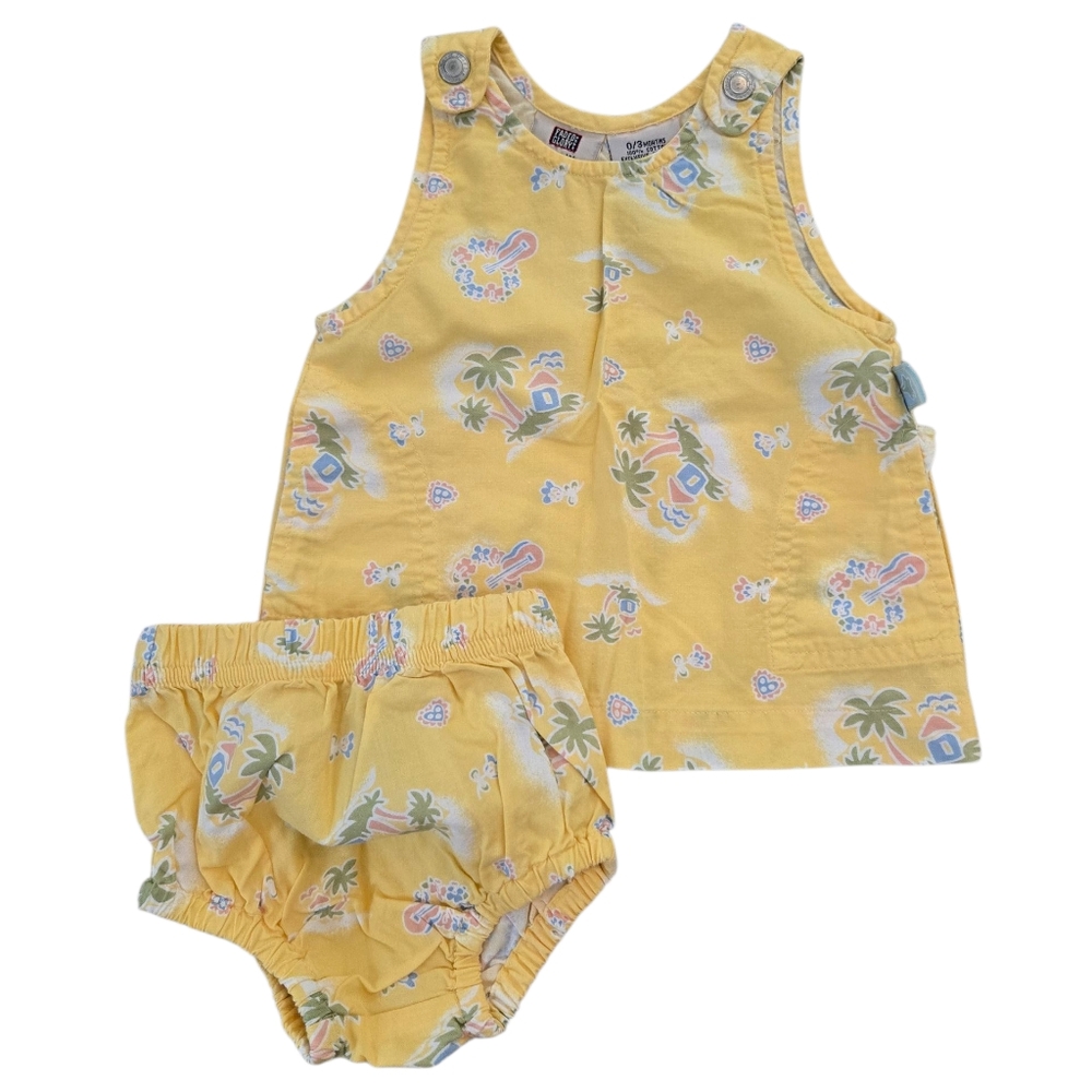Vintage Y2k Faded Glory Pastel Tropical Yellow Sleeveless Dress and Bloomer Set